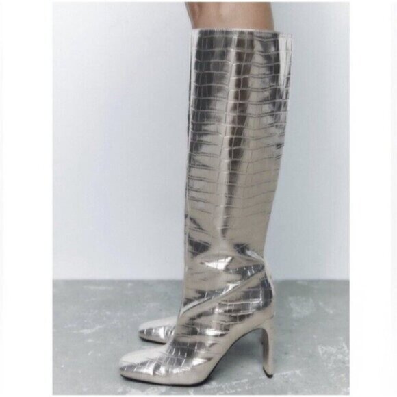 Zara Metallic Laminated Crocodile Embossed Knee High Boots Euro Sz 40 US Sz 9 - Picture 16 of 16